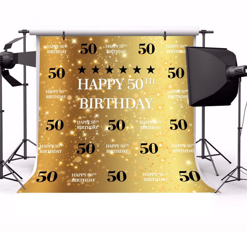 AOFOTO 10x10ft Happy 50th Birthday Background Golden 50 Years Old Party Decoration Photography Backdrop Abstract Shiny Stars Glitter Spots Banner Adult Man Woman Bday Photo Studio Props Vinyl - Image 3